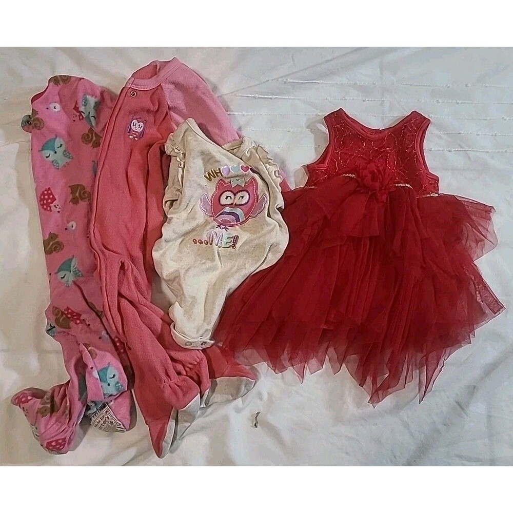 Baby Girl 12-18 Months Clothing Lot Of 4 -1 Red Dress 2 footy pj 1 Snap top